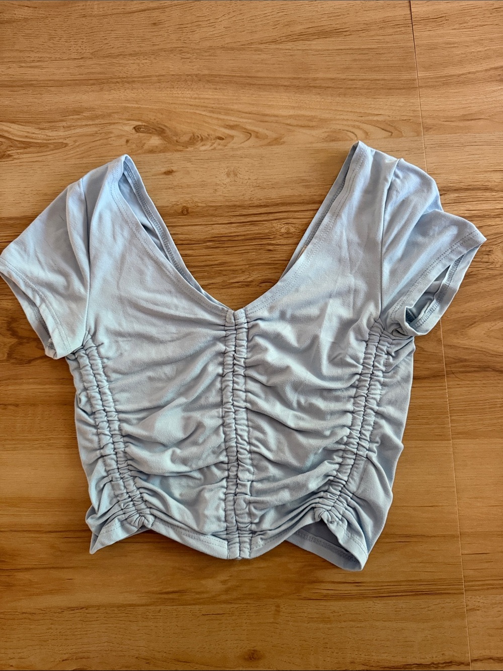 Ruched Light Blue V-Neck Crop Top